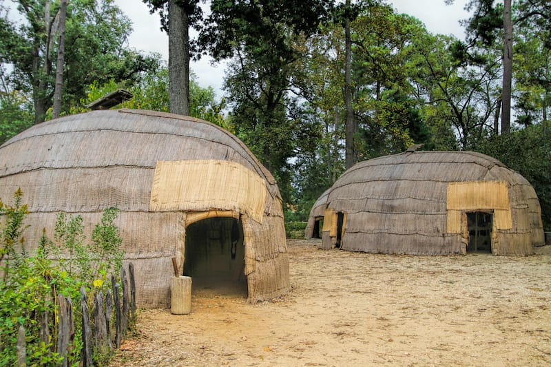 Native American huts in Jamestown, VA