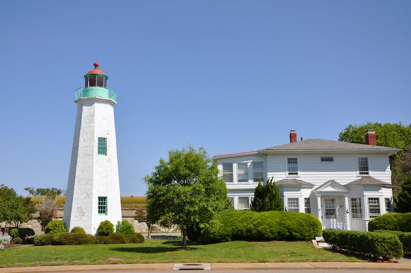 Old Point Comfort Lighthouse and keeper's quarters in Fort Monroe, Chesapeake Bay