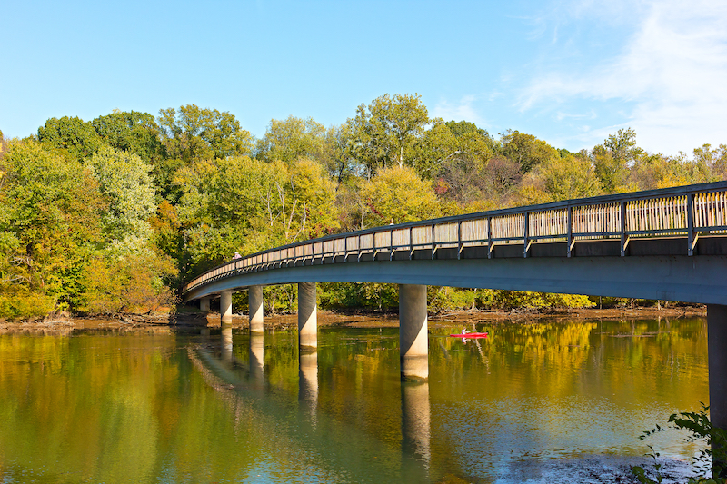 Footbridge bridge to the Theodore Roosevelt Island in Washington DC Arlington access