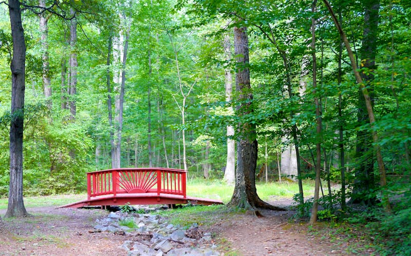 Red Wooden Bridge in Bull Run Regional Park, Centreville, Virginia