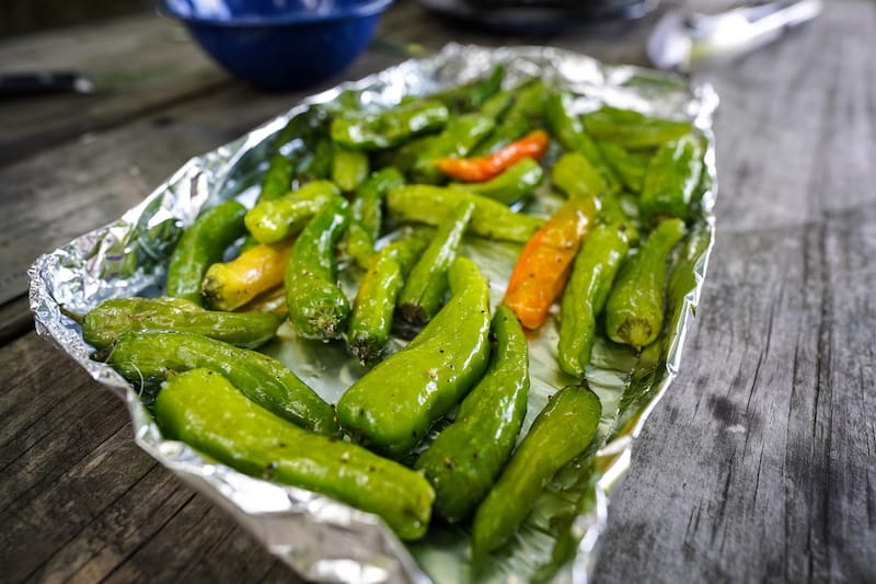 Shishito peppers on the grill at Getaway