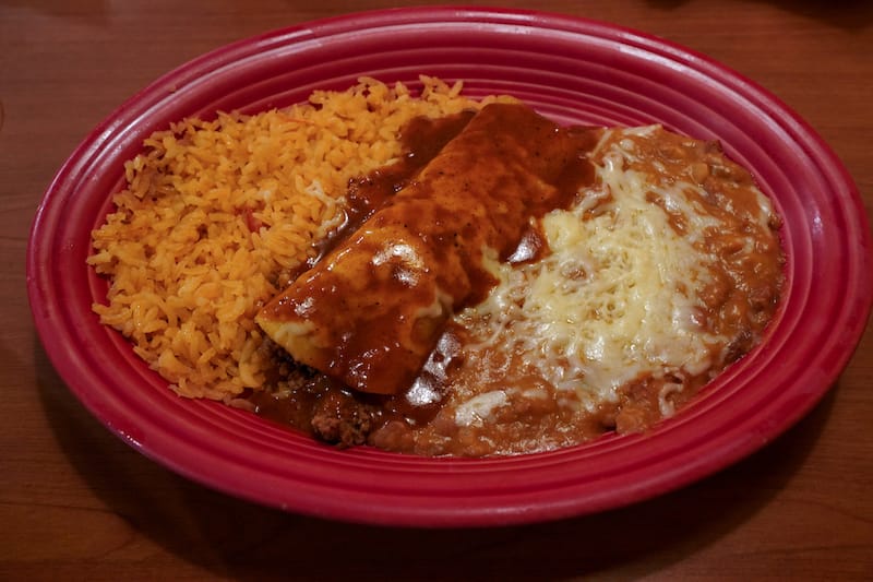 Enchilada, beans, and rice at El Azteca