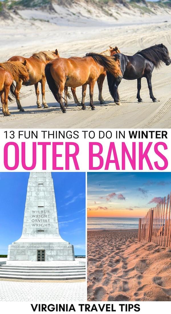 Looking for the best things to do in the Outer Banks in winter? This guide covers the best Christmas activities, cafes, and more for a winter trip to OBX! | Winter in the Outer Banks | OBX winter | Outer Banks in December | Outer banks in January | Outer banks in March | Outer banks in February | Nags Head winter | Kitty Hawk winter | Hatteras winter | Manteo winter | Duck NC winter | Corolla NC winter | Kill Devil Hills winter